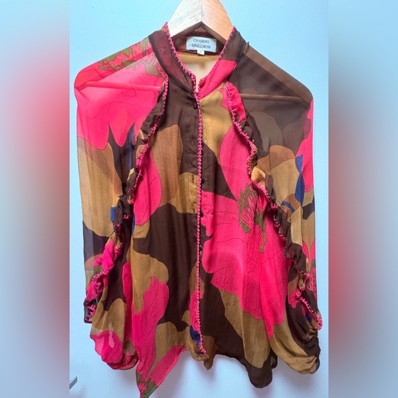 Chasing Unicorns Silk Chiffon Vibrant Pink and Brown Ruffle Blouse Size Medium - Picture 13 of 13